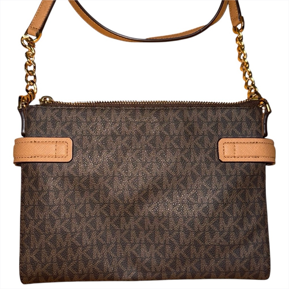 Michael Kors MK Signature Karla Crossbody Bag Brown Acorn Gold Chain Strap - Picture 2 of 6